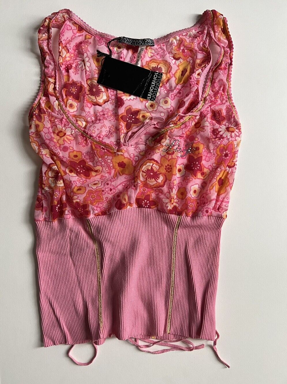 LIU JO y2k Sheer Camisole Cami rib Knit Lace up Back Made In Italy 42/6 NWT